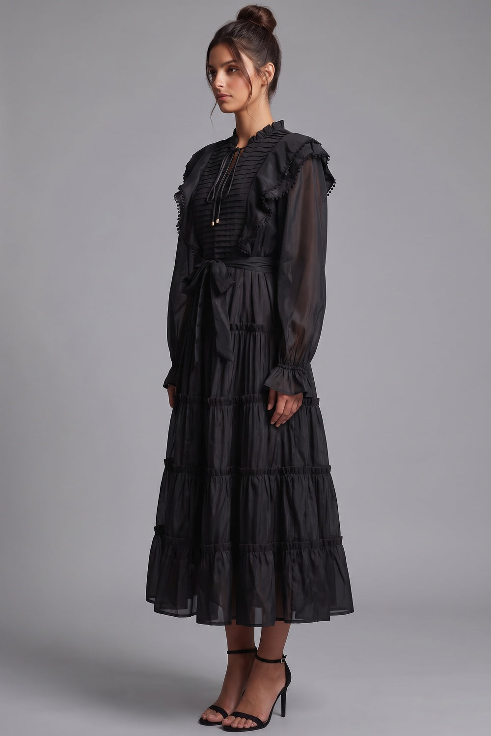 Black Tiered A-Line Midi Dress with Bishop Sleeves black lightweight semi-sheer woven fabric dress - product view 5