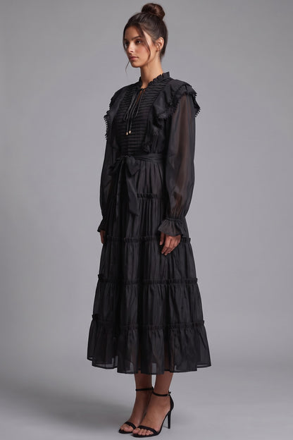 Black Tiered A-Line Midi Dress with Bishop Sleeves black lightweight semi-sheer woven fabric dress - product view 5