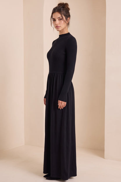 Black Ribbed Knit Mock Neck Maxi Dress black fine ribbed knit dress - product view 5