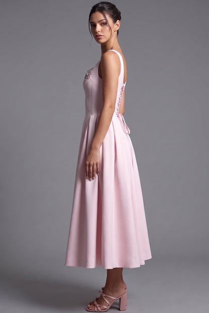 Light Pink Structured Satin Fit-and-Flare Midi Dress light pink structured mid-weight satin dress - product view 5