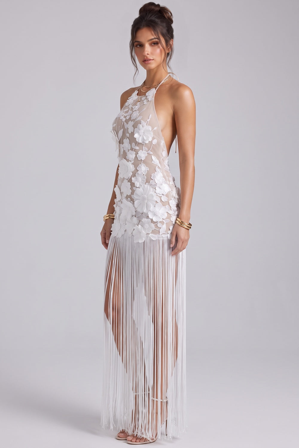 White 3D Floral Mesh Lace Maxi Dress with Fringe Overlay white mesh lace dress - product view 5