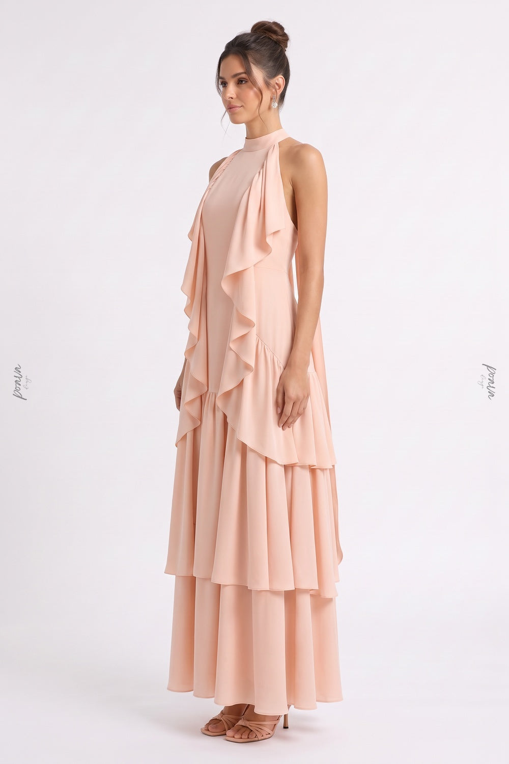 Pale Peach Lightweight Crepe A-Line Tiered Dress pale peach lightweight crepe dress - product view 5