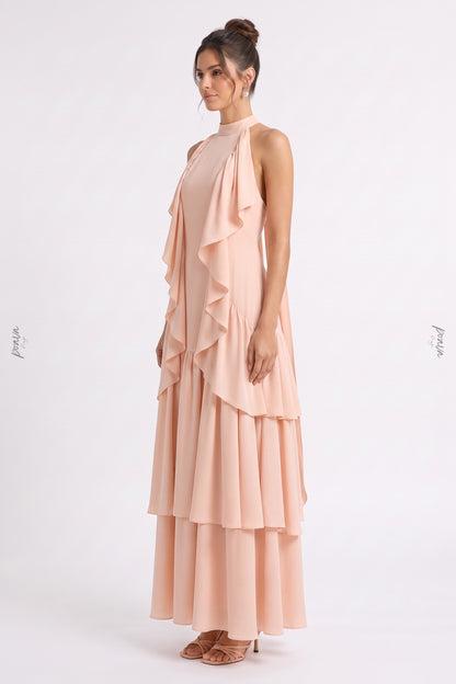 Pale Peach Lightweight Crepe A-Line Tiered Dress pale peach lightweight crepe dress - product view 5