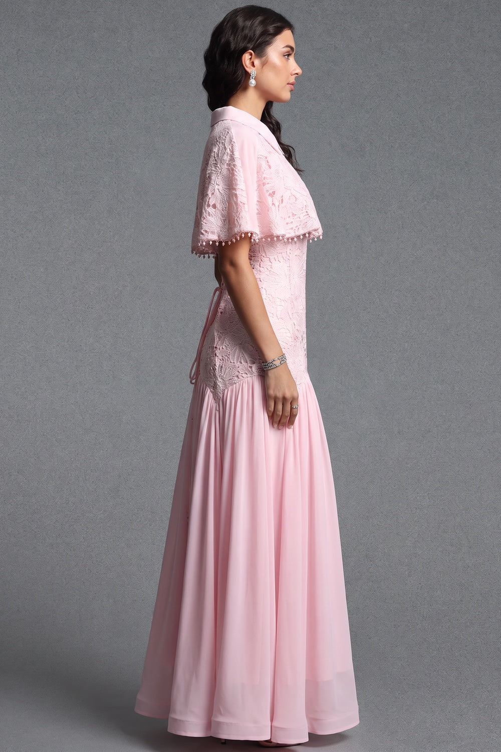 Pastel Pink Floral Lace Fitted Bodice with Flared Mermaid-Style Skirt Dress with Matching Capelet pastel pink floral lace dress with matching capelet - product view 5