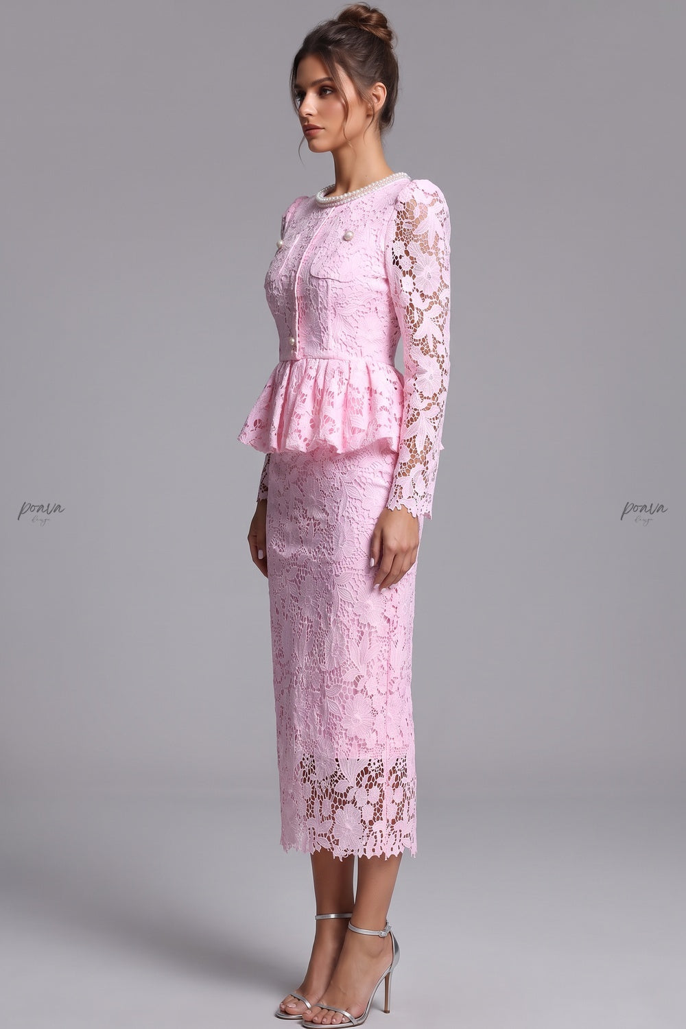 Light Pink Floral Lace Two-Piece Peplum Top and Midi Pencil Skirt Set light pink floral lace two-piece skirt set - product view 4