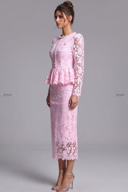 Light Pink Floral Lace Two-Piece Peplum Top and Midi Pencil Skirt Set light pink floral lace two-piece skirt set - product view 4