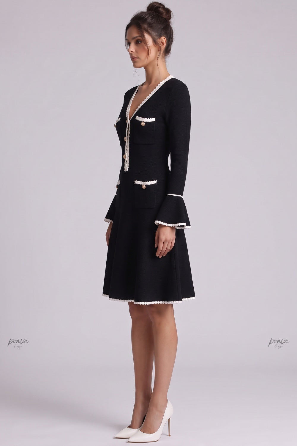 Black Heavy Compact Knit Fit-and-Flare Dress with White Scalloped Trim black heavy compact knit dress - product view 5