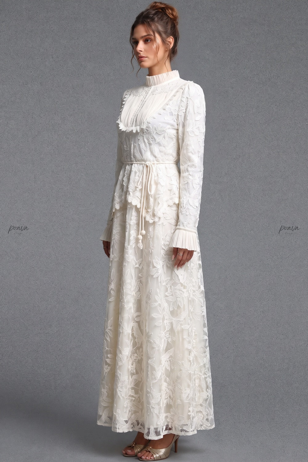Ivory Floral Embroidered Lace A-line Maxi Dress with Tiered Waist Overlay Ivory Floral embroidered lace Maxi dress - product view 4
