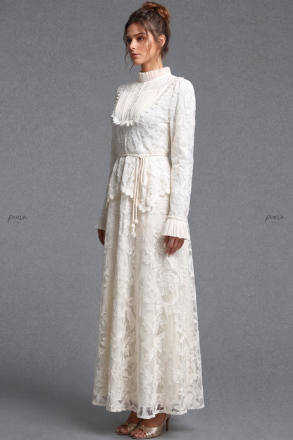 Ivory Floral Embroidered Lace A-line Maxi Dress with Tiered Waist Overlay Ivory Floral embroidered lace Maxi dress - product view 4