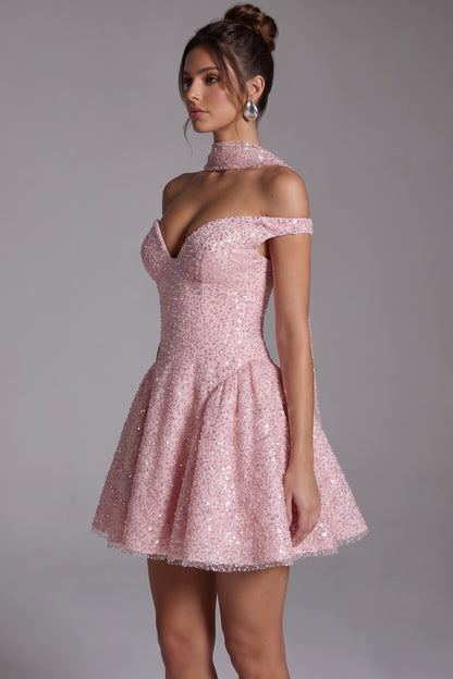 Light Pink Glitter-Embellished Tulle Fit-and-Flare Mini Dress light pink glitter-embellished tulle mini dress - product view 5