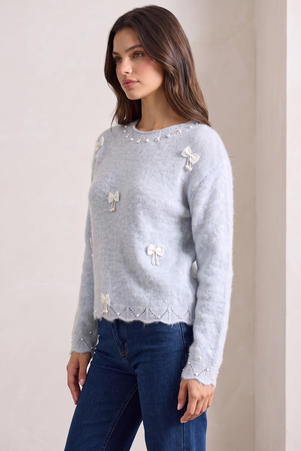 Light Ice Blue Fuzzy Mohair-Blend Knit Sweater light ice blue fuzzy mohair-blend knit sweater - product view 5
