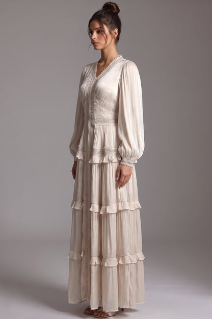 Cream Crinkled Satin Tiered A-Line Maxi Dress cream, ivory crinkled satin maxi dress - product view 5