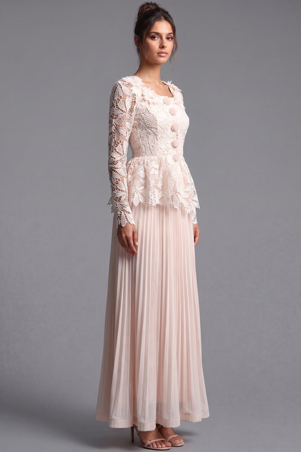 Pale Blush Pink Lace Fitted Peplum Top with A-Line Maxi Skirt Two-Piece Set pale blush pink lace two-piece set - product view 5