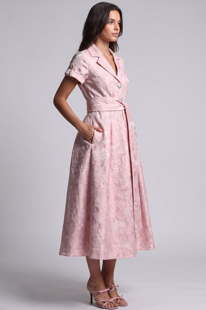 Pale Pink Floral Jacquard Fit-and-Flare Midi Dress with Metallic Sheen Pale pink Floral jacquard / brocade Midi dress - product view 5