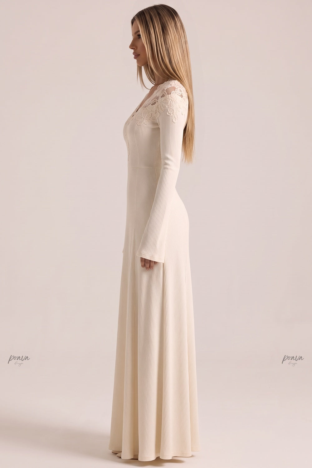 Cream Ribbed Knit Maxi Dress with Lace V-Neck cream, off-white, beige, light purple fine ribbed knit maxi dress - product view 5