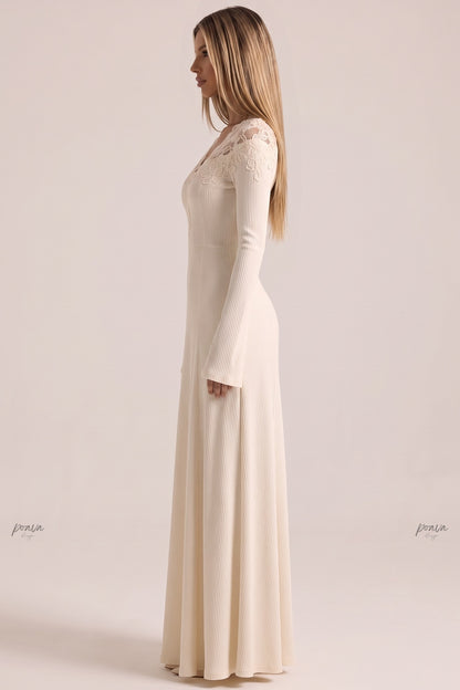 Cream Ribbed Knit Maxi Dress with Lace V-Neck cream, off-white, beige, light purple fine ribbed knit maxi dress - product view 5