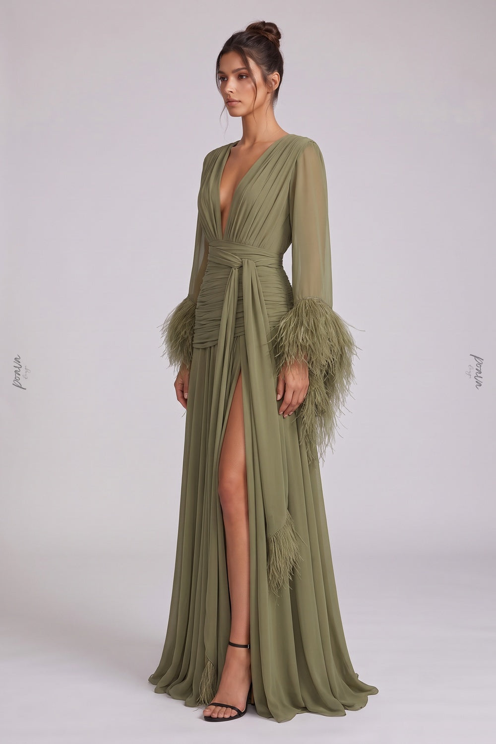 Olive Green Chiffon A-Line Evening Gown with High Slit and Feather Cuffs olive green chiffon evening gown - product view 5