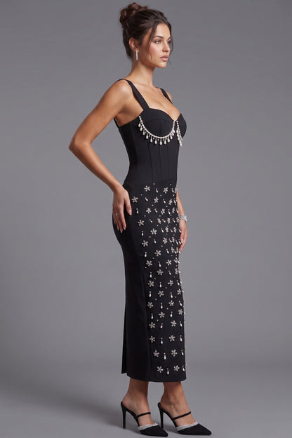 Black Sheath Midi Dress with Pearl and Crystal Fringe black heavy stretch knit midi dress - product view 5