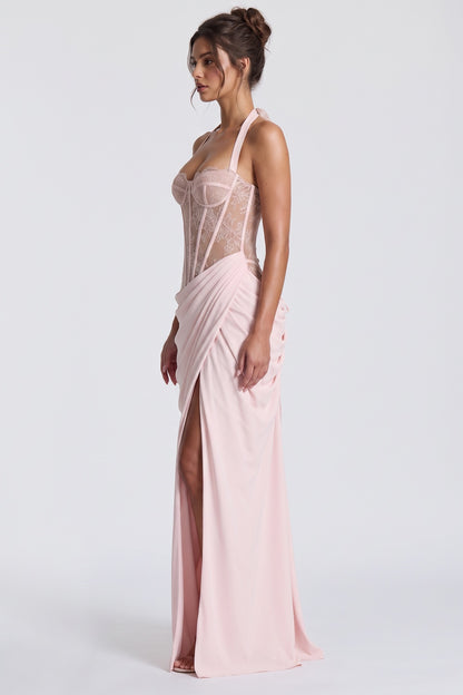 pale pink crepe draped column with corset bodice gown pale pink crepe gown - product view 5