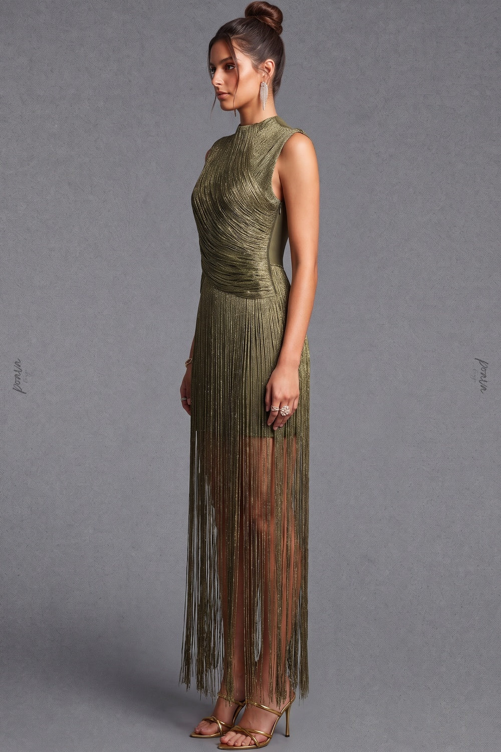 Olive Green Metallic Fringe Fitted Bodice Dress olive green fine metallic fringe dress - product view 5