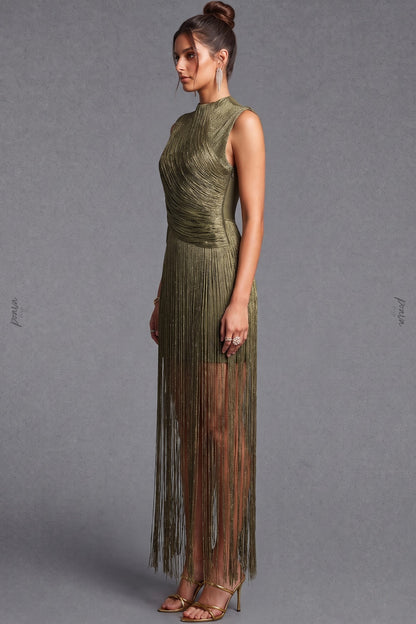 Olive Green Metallic Fringe Fitted Bodice Dress olive green fine metallic fringe dress - product view 5