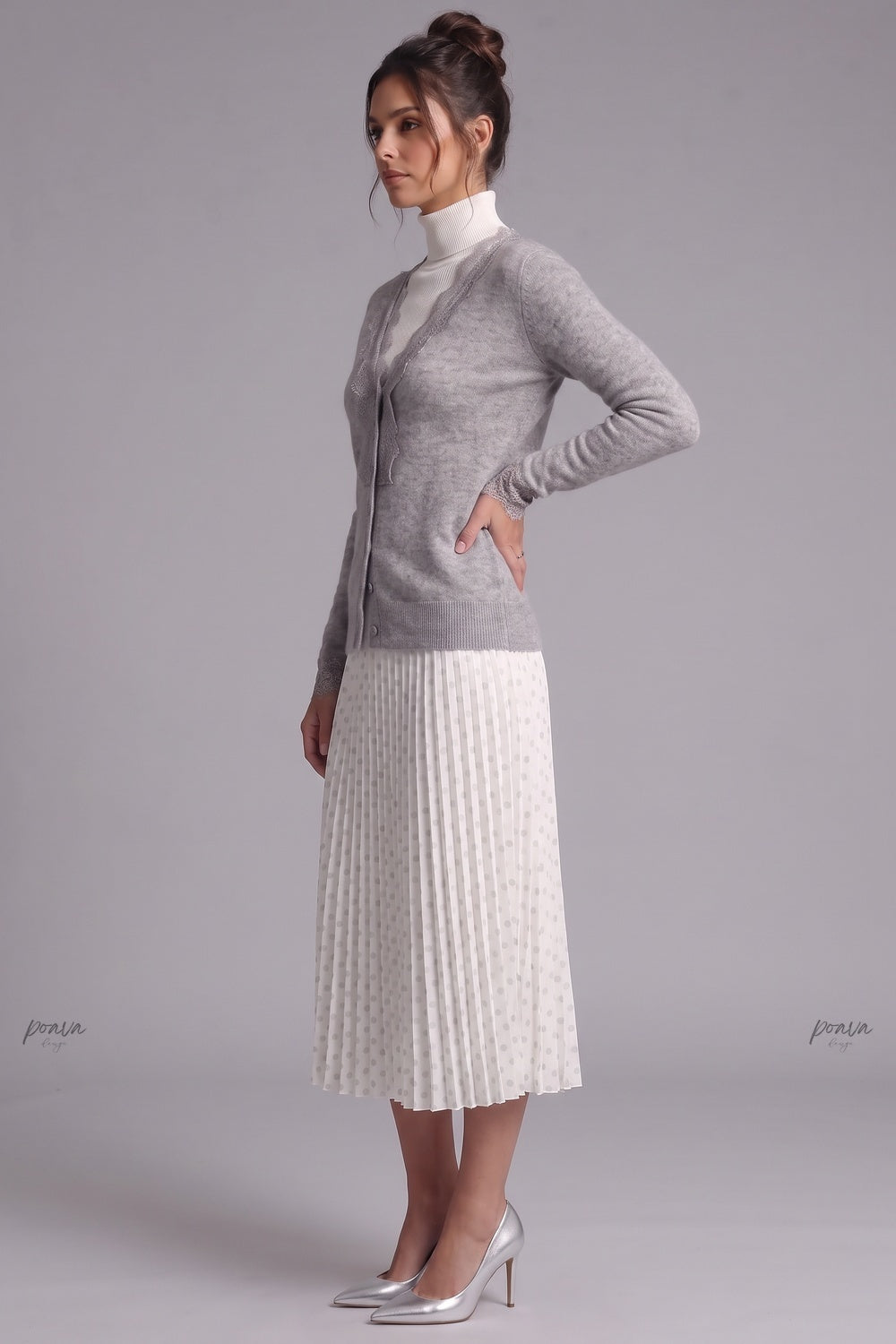 Heather Grey Fine-Knit Cardigan with Delicate Lace Trim heather grey fine knit, likely cashmere or wool blend cardigan - product view 5
