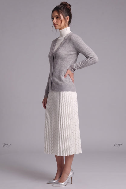 Heather Grey Fine-Knit Cardigan with Delicate Lace Trim heather grey fine knit, likely cashmere or wool blend cardigan - product view 5