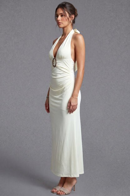 Cream Stretch Jersey Maxi Dress with Halter Neck and Ruched Detail cream, off-white stretch jersey knit dress - product view 5