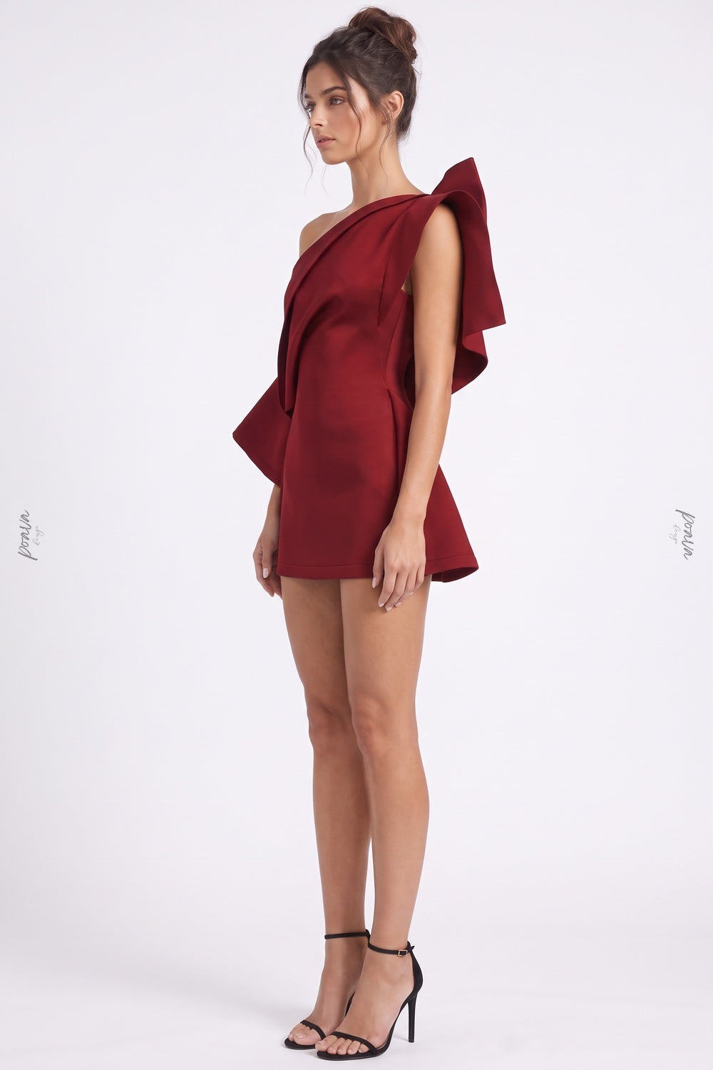 Deep Red One-Shoulder Sculptural Draped Mini Dress deep red heavy structured crepe or double-faced satin mini dress - product view 4