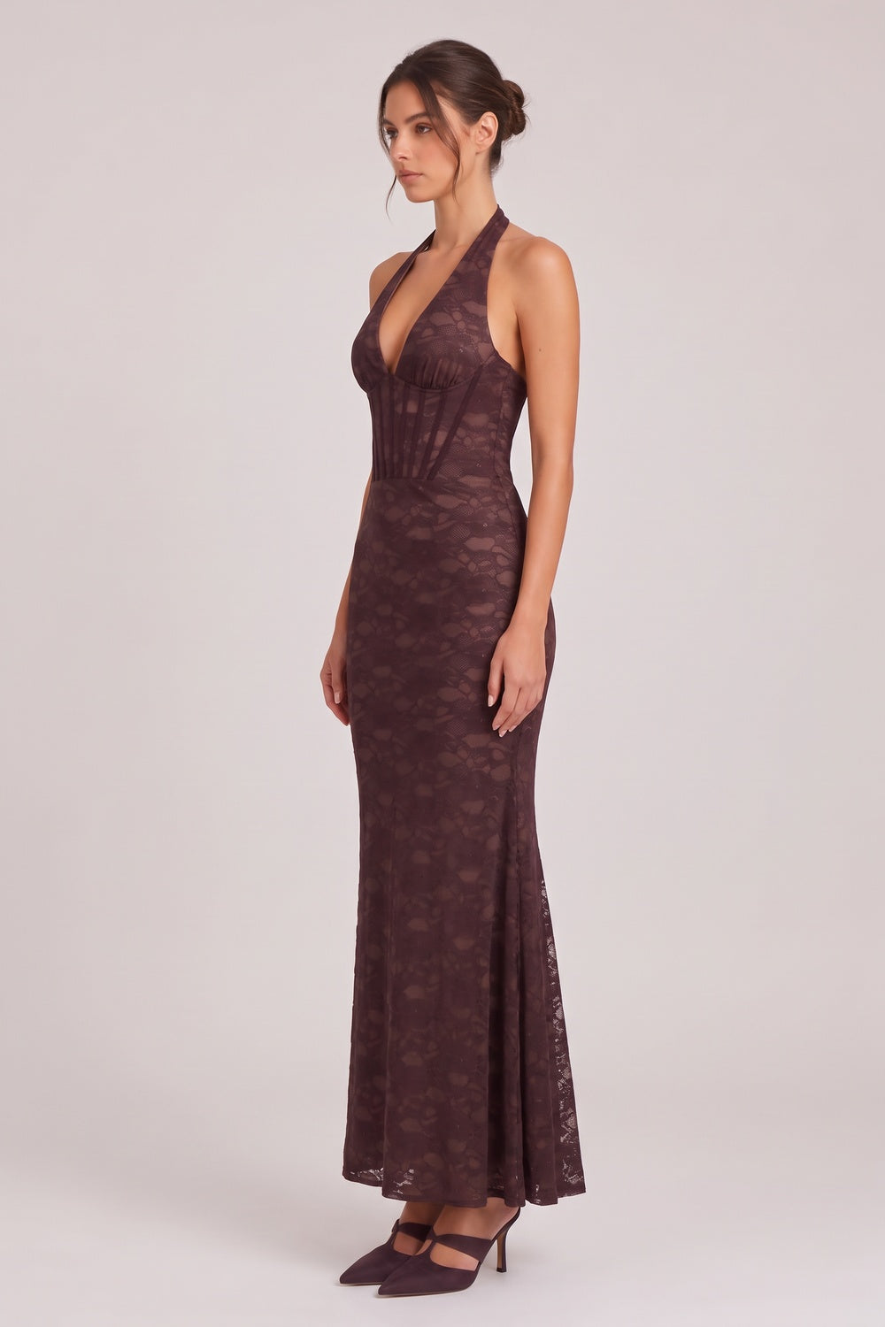 Dark Brown Floral Lace Mermaid Maxi Dress with Corset Bodice dark brown floral lace dress - product view 5