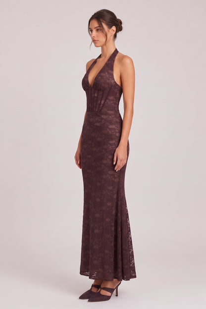 Dark Brown Floral Lace Mermaid Maxi Dress with Corset Bodice dark brown floral lace dress - product view 5