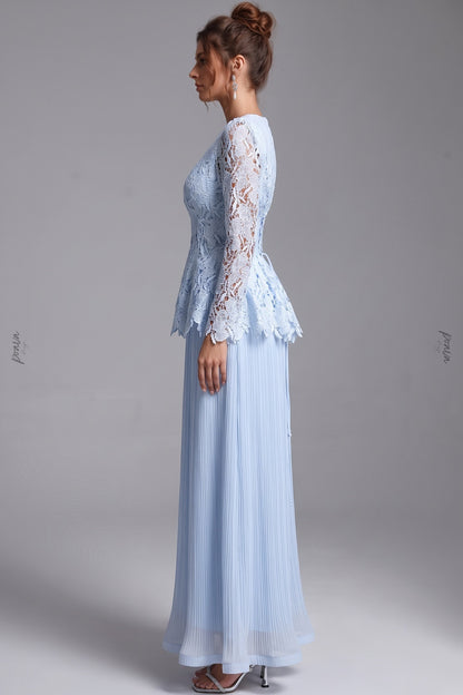 Light Blue Floral Lace Peplum Top & Pleated Maxi Skirt Two-Piece Dress Set light blue floral lace and pleated chiffon two-piece dress set - product view 5
