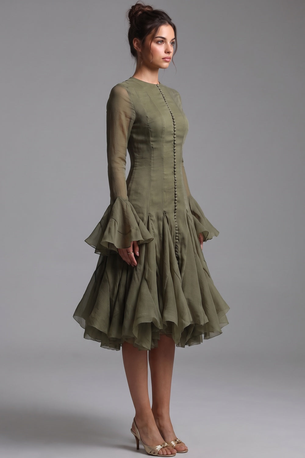Olive Green Sheer Chiffon Fit-and-Flare Midi Dress olive green sheer chiffon dress - product view 5