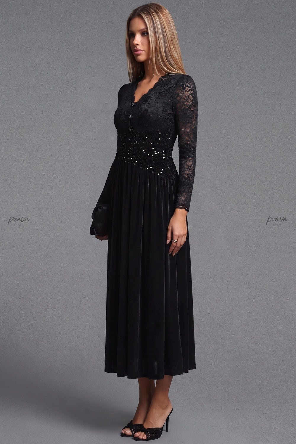Black Velvet A-Line Midi Dress with Floral Lace and Sequin Waist black fluid velvet or heavy knit (skirt), floral lace (bodice and sleeves) dress - product view 5