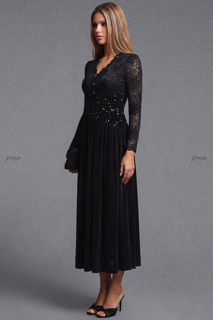 Black Velvet A-Line Midi Dress with Floral Lace and Sequin Waist black fluid velvet or heavy knit (skirt), floral lace (bodice and sleeves) dress - product view 5