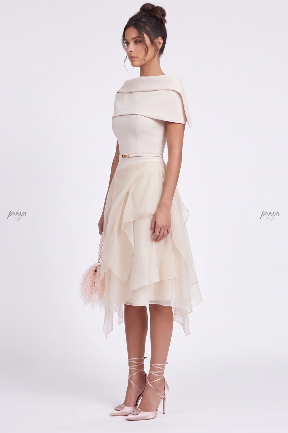 Cream Crepe Off-the-Shoulder Fit-and-Flare Midi Dress cream crepe dress - product view 3