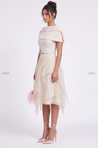 Cream Crepe Off-the-Shoulder Fit-and-Flare Midi Dress cream crepe dress - product view 3