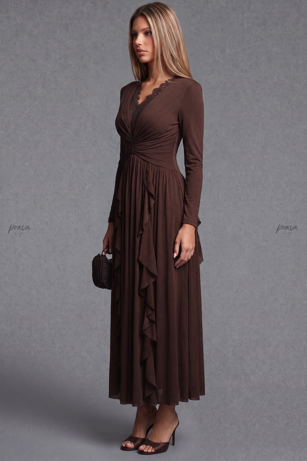 Dark Brown A-Line Maxi Dress with Lace Trim V-Neck and Cascading Ruffles dark brown lightweight knit jersey dress - product view 5