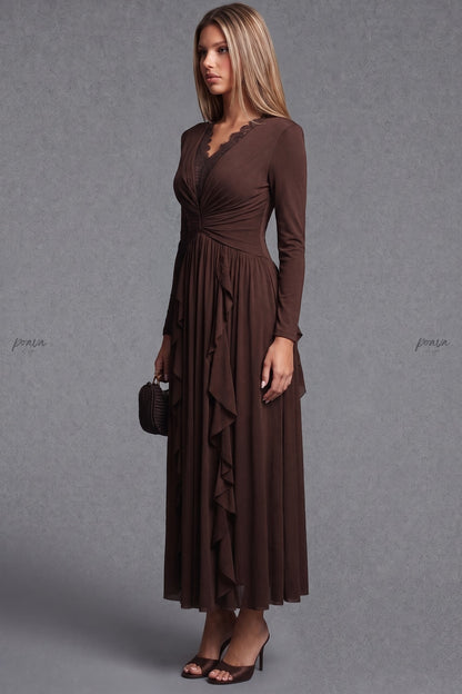 Dark Brown A-Line Maxi Dress with Lace Trim V-Neck and Cascading Ruffles dark brown lightweight knit jersey dress - product view 5
