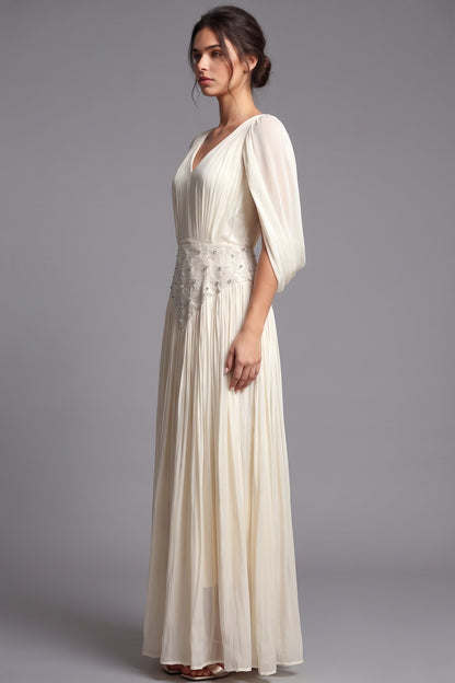 Cream Chiffon A-Line Gown with Cape Sleeves cream chiffon gown - product view 5