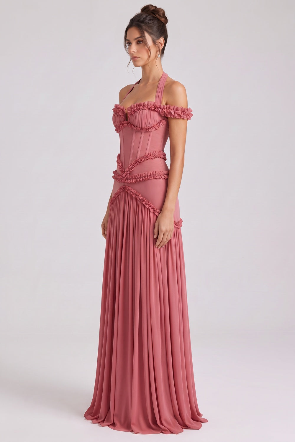 Dusty Rose Fitted Corset Gown with Tiered Ruffles and Halter Neck dusty rose lightweight crepe or georgette gown - product view 5
