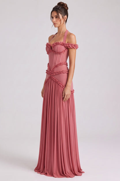 Dusty Rose Fitted Corset Gown with Tiered Ruffles and Halter Neck dusty rose lightweight crepe or georgette gown - product view 5