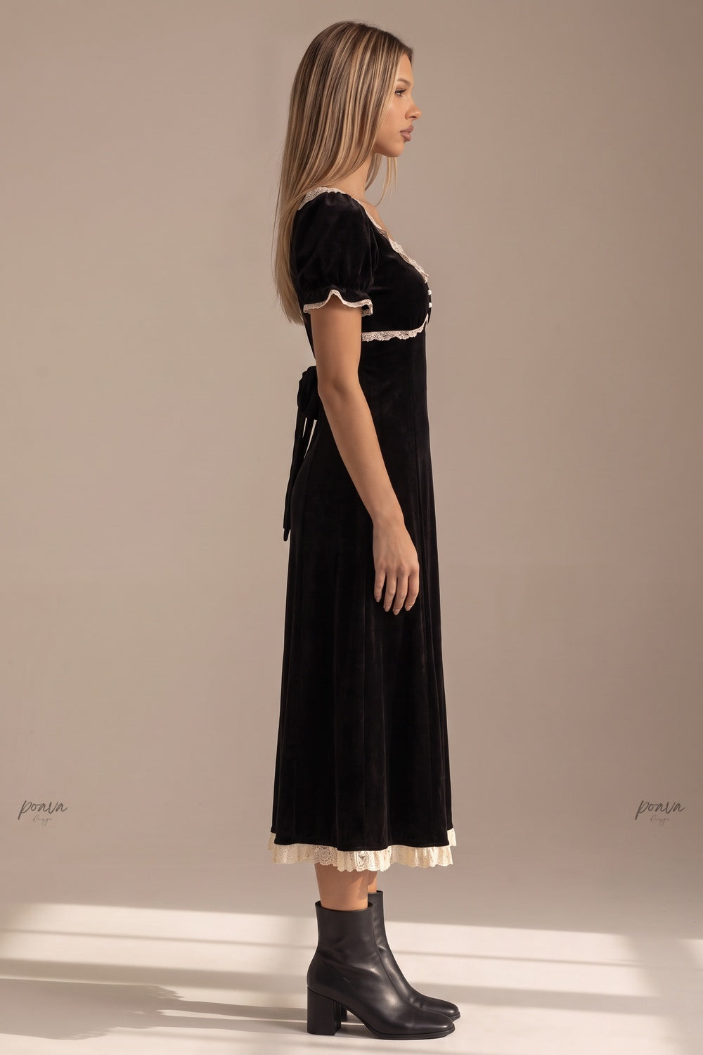 Black Velvet Empire-Waist A-Line Dress with Cream Lace Trim black velvet dress - product view 5