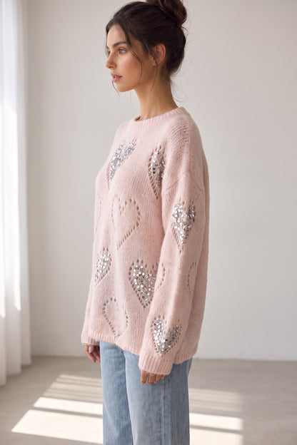 Pale Pink Fuzzy Mohair-Style Knit Oversized Sweater with Heart Motifs pale pink fuzzy mohair-style knit sweater - product view 5