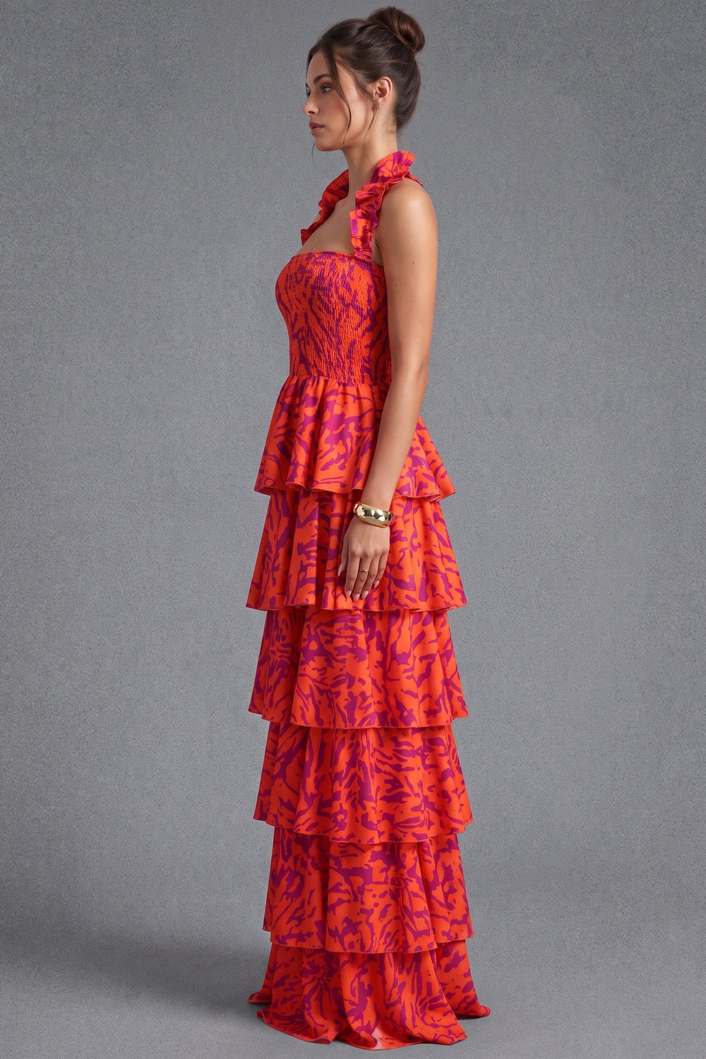 Orange and Purple Abstract Painterly Tiered Halter Maxi Dress orange lightweight woven synthetic tiered halter maxi dress - product view 5