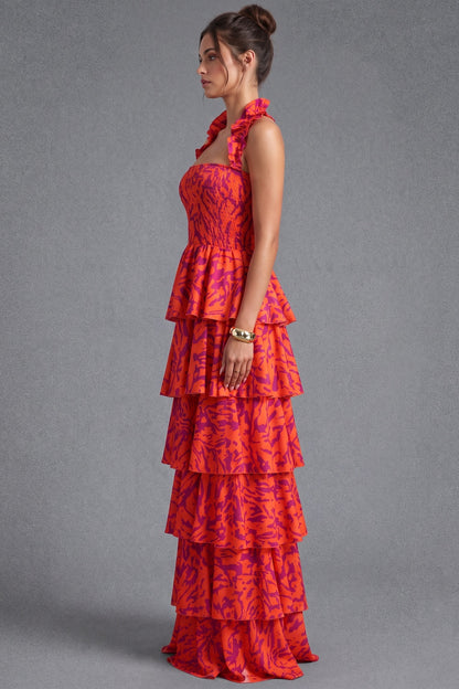 Orange and Purple Abstract Painterly Tiered Halter Maxi Dress orange lightweight woven synthetic tiered halter maxi dress - product view 5