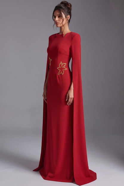 Red Crepe Column Gown with Cape Sleeves Red Crepe Gown - product view 5
