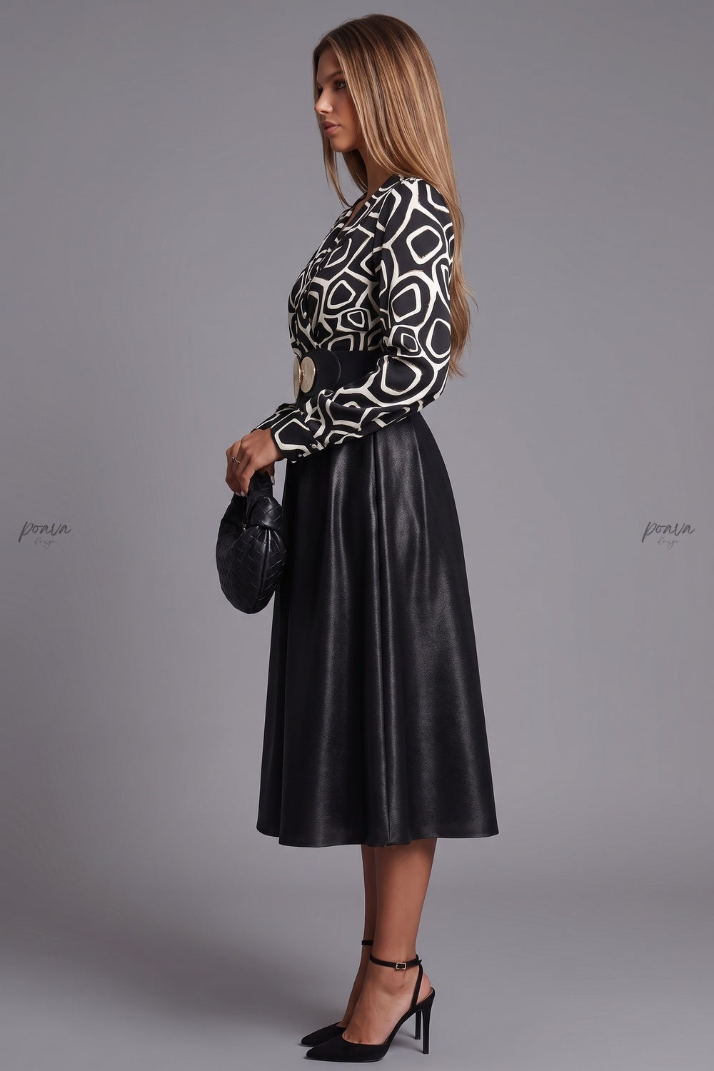 Black Satin-Finish Woven Fabric A-Line Mock Two-Piece Midi Dress black, white satin-finish woven fabric mock two-piece midi dress - product view 5
