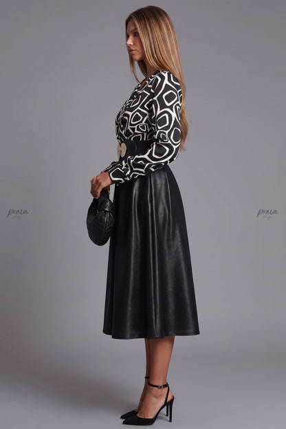 Black Satin-Finish Woven Fabric A-Line Mock Two-Piece Midi Dress black, white satin-finish woven fabric mock two-piece midi dress - product view 5