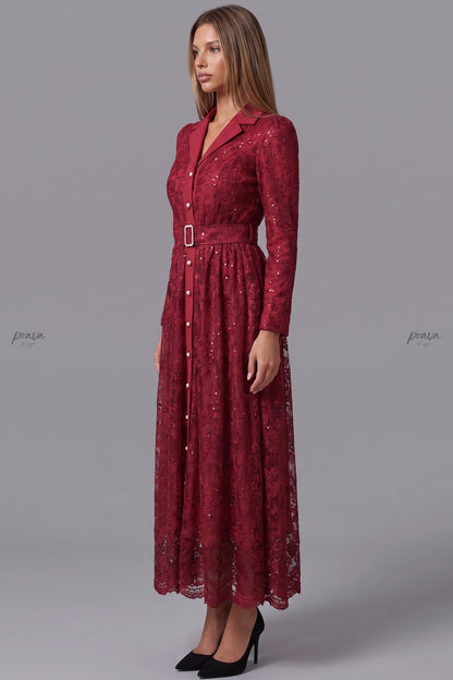 Deep Red Floral Lace A-Line Maxi Dress deep red floral lace dress - product view 5